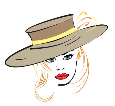 Atkı ve şapka giyen kadın kırmızı dudaklar, yeşil gözlü. vektör.