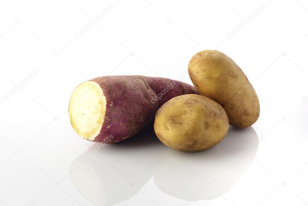 Sweet And Brown Potato On White Background.