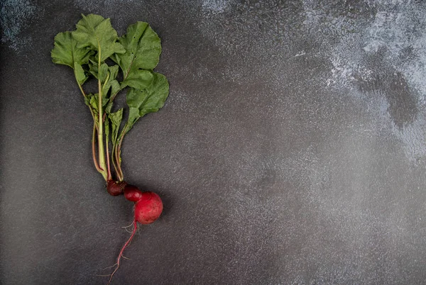 Koyu arkaplanda çirkin turp kökü. Yatay oryantasyon. Kopyalama alanı için yer