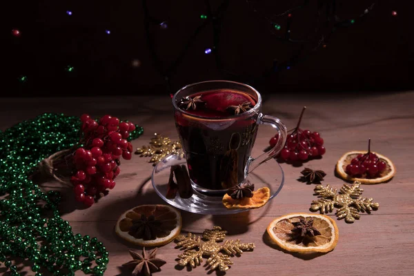 Cup Hot Mulled Wine Spices Decorations New Year Branches Red — Stock Photo, Image