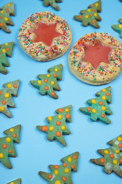 Рождественские домашние печенья выложены рядами в рисунке на синем фоне.. — стоковое фото