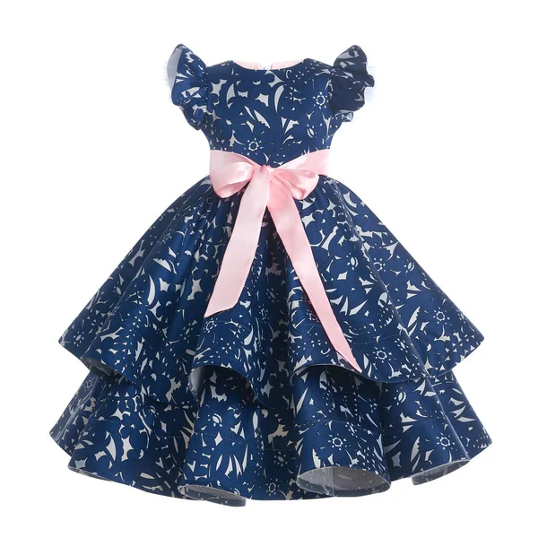 Vestido elegante para uma menina em azul com um cinto rosa em um fundo branco. Vestuário para crianças — Fotografia de Stock