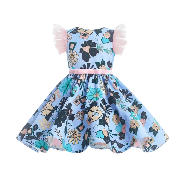 Sommerblaues Kleid für Mädchen mit vollem Rock auf weißem Hintergrund. Kinderkleidung — Stockfoto