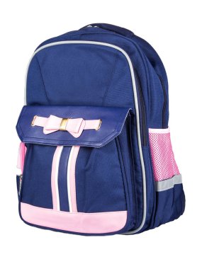 Çocukların okul çantası beyaz bir arka planda izole edilmiş. Okul için hazırlanılıyor