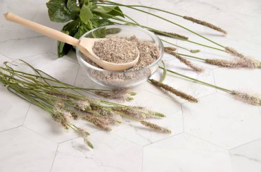 Muz sapları ve Psyllium psyllium tohumu kabuğuyla şeffaf bir tabakta hafif bir masada yararlı bir gıda katkı maddesi. Sağlıklı yiyecekler kavramı