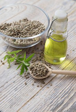 Ahşap bir kaşıkta kenevir tohumu ve şeffaf bir tabakta hafif bir zeminde kenevir yağı. Alternatif yağlar kavramı