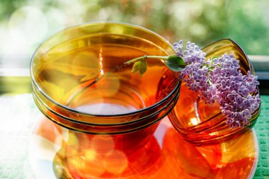 Cam ve seramik, Sauceres mor Lilac.Reflection yeşil doğa arka plan ile gelen yemekler.