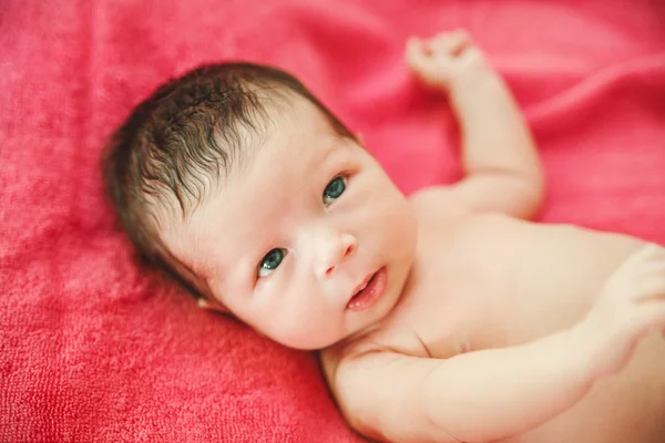 Pequeno bebê recém-nascido bonito com olhar interessante.Fundo vermelho — Fotografia de Stock