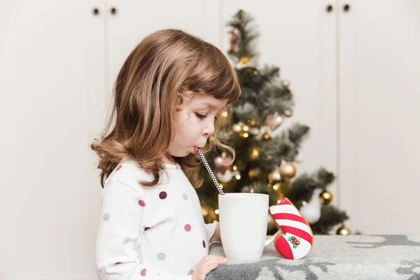 Bastante Niña Frente Del Árbol Navidad Con Bebida Pan Jengibre — Foto de Stock