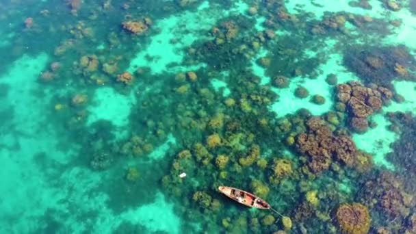 Вид Воздуха Красивый Пейзаж Туристические Лодки Люди Плавающие Море Пляж — стоковое видео
