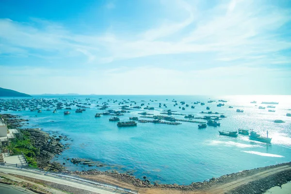 Vue Aérienne Bateaux Pêcheurs Traditionnels Bordés Dans Port Thoi Ville — Photo