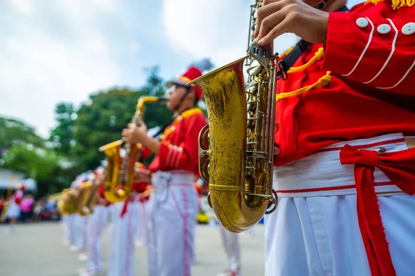 Marcherende Band Spelen Muzikanten Instrumenten Tet Vakantie Vietnam Selectieve Focus — Stockfoto