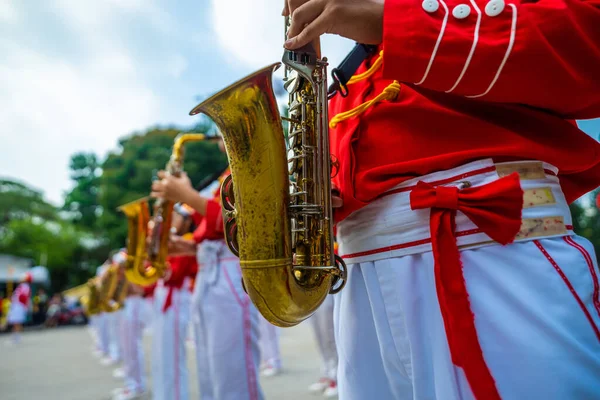 Marcherende Band Spelen Muzikanten Instrumenten Tet Vakantie Vietnam Selectieve Focus — Stockfoto