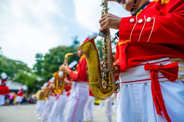 Marcherende Band Spelen Muzikanten Instrumenten Tet Vakantie Vietnam Selectieve Focus — Stockfoto