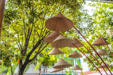 Doğada geleneksel Vietnamlı konik yaprak şapkaları. Geleneksel ve dekorasyon kavramı.