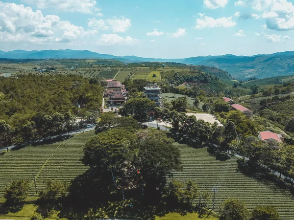 Aerial view of Bat Nha Pagoda in Bao loc city, Lam Dong province, Vietnam. Text in photos mean Bat Nha pagoda (Vietnamese language). Travel and landscape concept