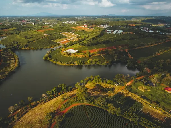 Letecký Pohled Tam Chau Čajové Plantáže Městě Bao Loc Provincie — Stock fotografie