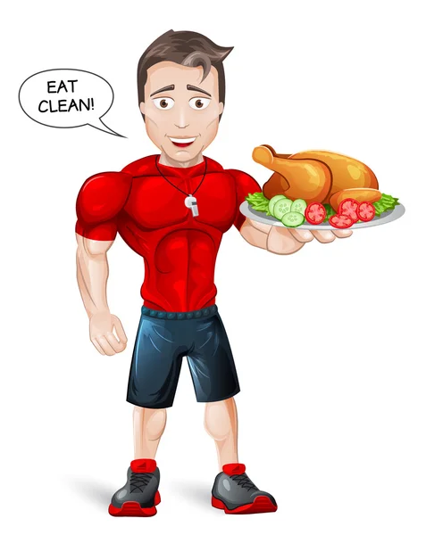 Cartoon Fitness Coach mit gesunder Mahlzeit — Stockvektor