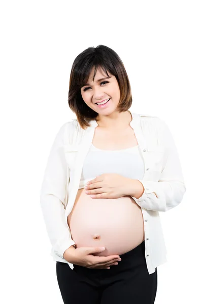 Retrato de la hermosa mujer embarazada de 9 meses posando feliz — Foto de Stock