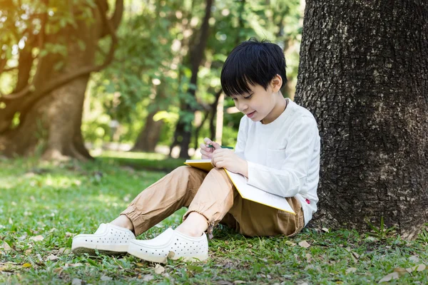 Little asian boy sitting under the tree and drawing in notebook — Stock Photo, Image