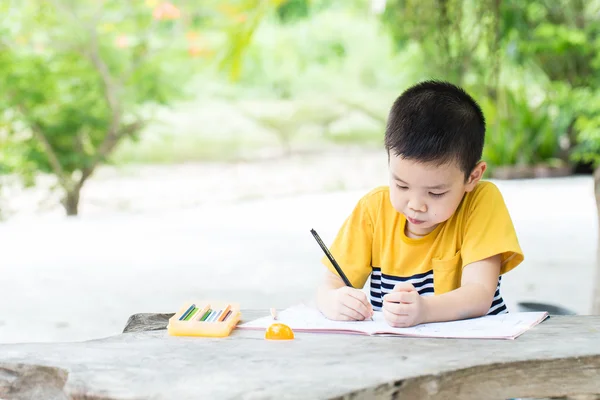 Junge verwenden Bleistift auf Notizbuch zum Schreiben von Büchern — Stockfoto
