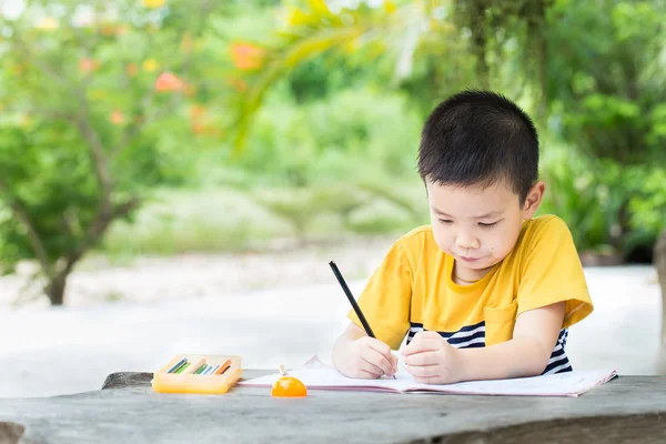 少年は、本を書くためのノートに書く鉛筆を使用します。 ストック写真