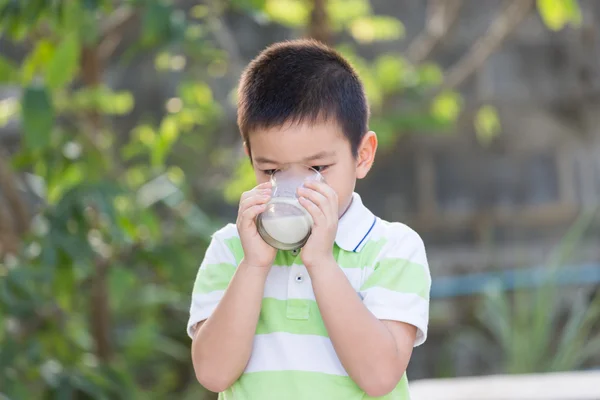 Little boy drinking milk in the park — Stock Photo, Image