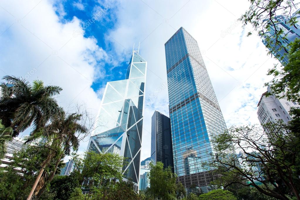 Modern business buildings with blue sky, shot in hong kong, asia