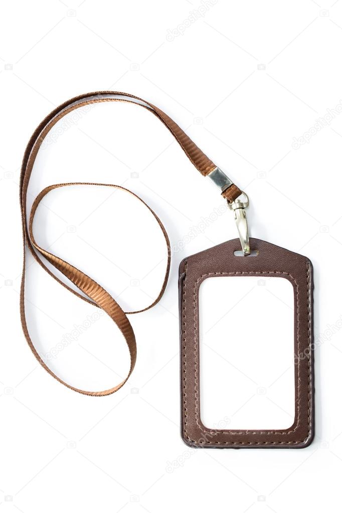 Leather name Tag with blown neck band ribbon isolated white back