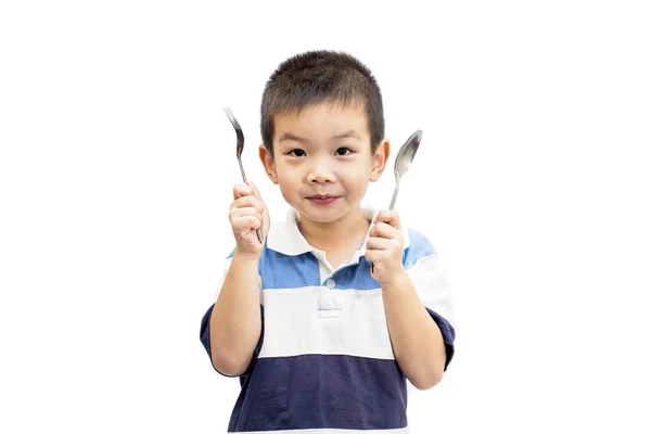 Little handsome Asian boy portrait holding spoon and fork — Stock Photo, Image