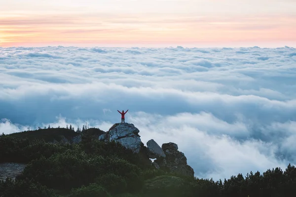 Joven Excursionista Disfrutar Vista Cima Montaña Feliz Viajero Hipster Pie — Foto de Stock