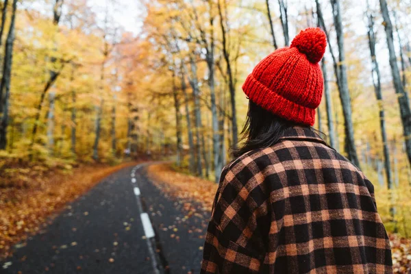 Automne Femelle Debout Arrière Regardant Nature Couleurs Forêt Automne Avec — Photo