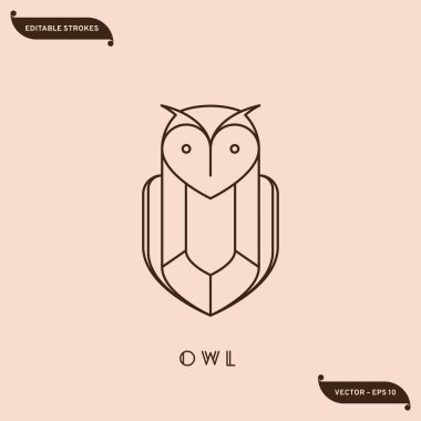 Baykuş ikonu, geometrik tasarım. Çizgi sanatı, düzenlenebilir vuruşlar. Vektör illüstrasyonu EPS 10