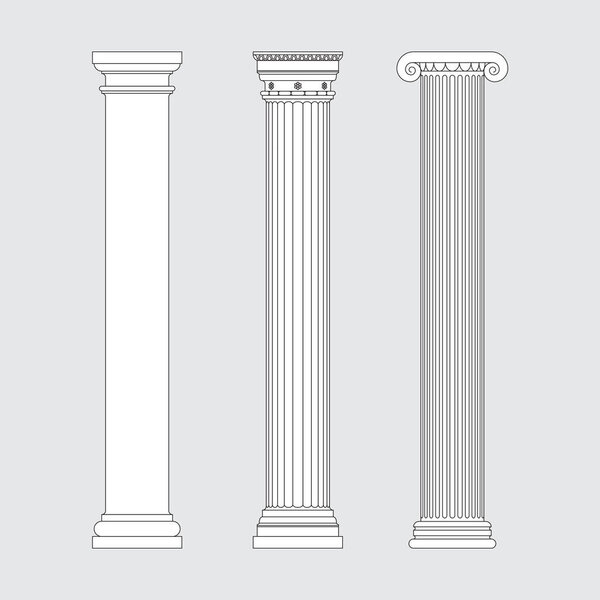 Архитектурные колонны. Коллекция различных элементов дизайна. Векторная иллюстрация, дизайн линии. 