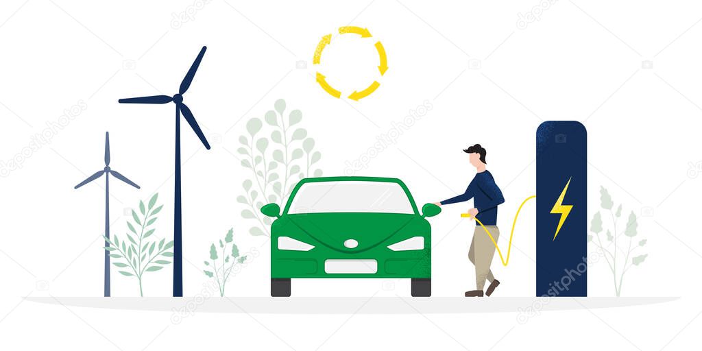 Man recharging his electric car. Ecology concept with wind mills. Modern flat design. Vector illustration isolated on white background