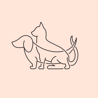 Köpek ve kedi, çizgi tasarım ikonu. Düzenlenebilir vuruşlar. Arkadaşlık, veterinerlik, evcil hayvan dükkanı logosu. Vektör illüstrasyonu, EPS 10