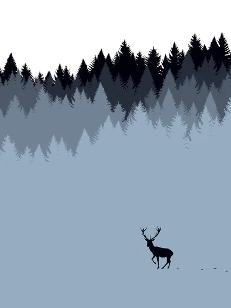 Affiche Cerf Impression Hiver Vintage Rétro Avec Silhouette Forêt Cerf — Image vectorielle