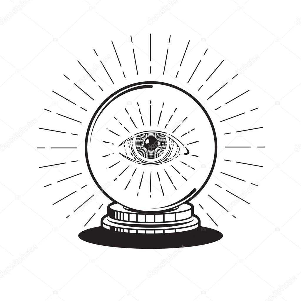 Magic crystal ball with all seeing eye, vintage design element. Future concept. Vector illustration isolated on white background, EPS 10