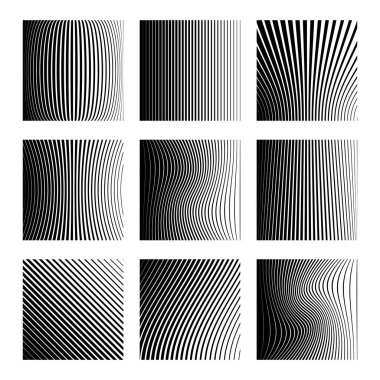 Farklı çizgileri olan kareler. Tasarım elementleri, siyah ve beyaz. Beyaz arkaplanda vektör illüstrasyonu izole edildi, EPS 10