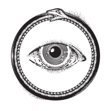 Ouroboros ve tüm gören göz sembolleri, yılan kendi kuyruğunu yiyor, grunge tasarımı. Mitoloji konsepti. Beyaz arkaplanda vektör illüstrasyonu izole edildi, EPS 10