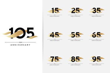Yıldönümü seti. 15, 25, 35, 45, 55, 65, 75, 85, 95, 105 yıl. Altın elementli modern basit tasarım. Vektör illüstrasyonu beyaz arkaplanda izole edildi