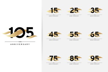 Anniversary set. 15, 25, 35, 45, 55, 65, 75, 85, 95, 105 years. Modern simple design with gold elements. Vector illustration isolated on white background clipart