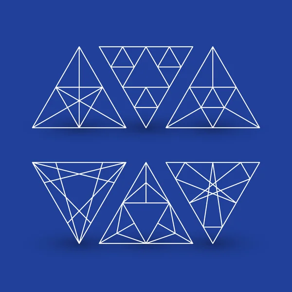 Set di motivi geometrici, triangoli, disegno della linea, elemento di design, sfondo blu, isolato — Vettoriale Stock