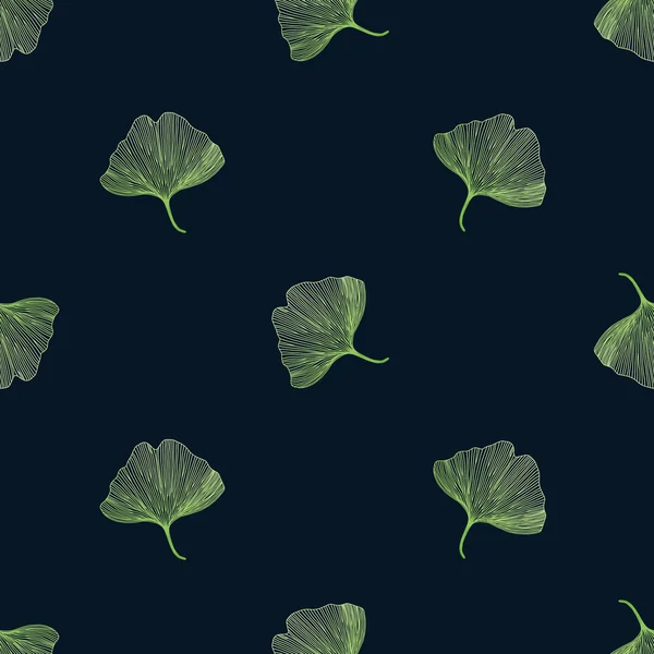 Ginkgo biloba foglie su sfondo nero, disegno linea, modello senza soluzione di continuità — Vettoriale Stock