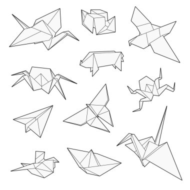 Origami vektör ayarla, Vinç, kuş, tekne, kağıt uçak