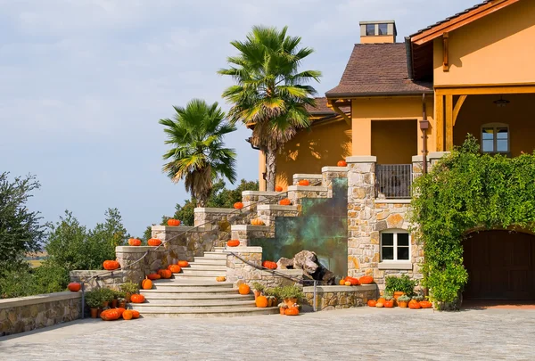 Будівля з помаранчевими гарбузами на сходах — стокове фото