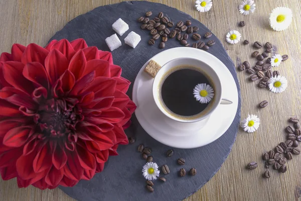 Kompozycja z filiżankę czarnej herbaty na tle czarno -brązowy. Kubek czarnej kawy z czerwony kwiat, cukier, rumianku i ziaren kawy. To simbolizes ładne rano smaczne herbaty. — Zdjęcie stockowe