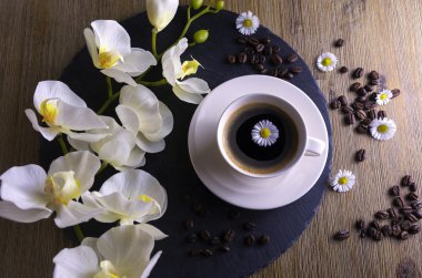 Siyah çay siyah ve kahverengi bir arka plan ile yapılan kompozisyon. Beyaz çiçek, papatya ve kahve çekirdekleri ile siyah kahve fincan. Bu simbolizes güzel sabah lezzetli çay ile.