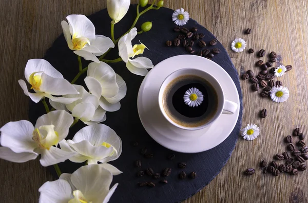 Siyah çay siyah ve kahverengi bir arka plan ile yapılan kompozisyon. Beyaz çiçek, papatya ve kahve çekirdekleri ile siyah kahve fincan. Bu simbolizes güzel sabah lezzetli çay ile.