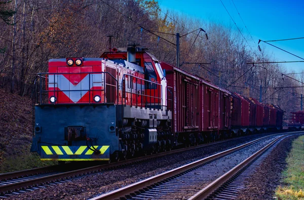 Litvanya güzel lokomotif tensporting yük sonraki istasyona. güzel güneşli akşam, güzel kırmızı ve gri tren, tren arka plan. 